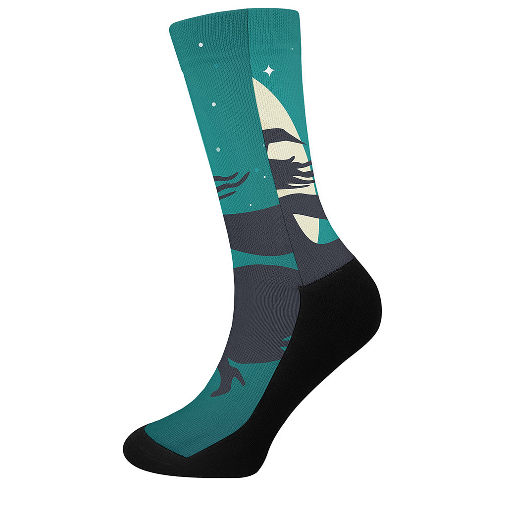 Full Moon Halloween Flying Witch Print Crew Socks