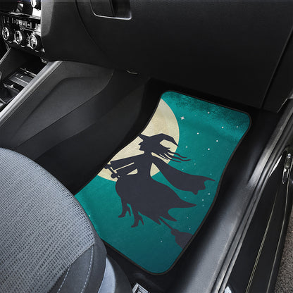 Full Moon Halloween Flying Witch Print Front and Back Car Floor Mats