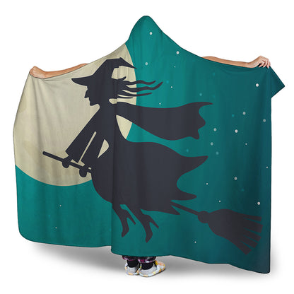 Full Moon Halloween Flying Witch Print Hooded Blanket