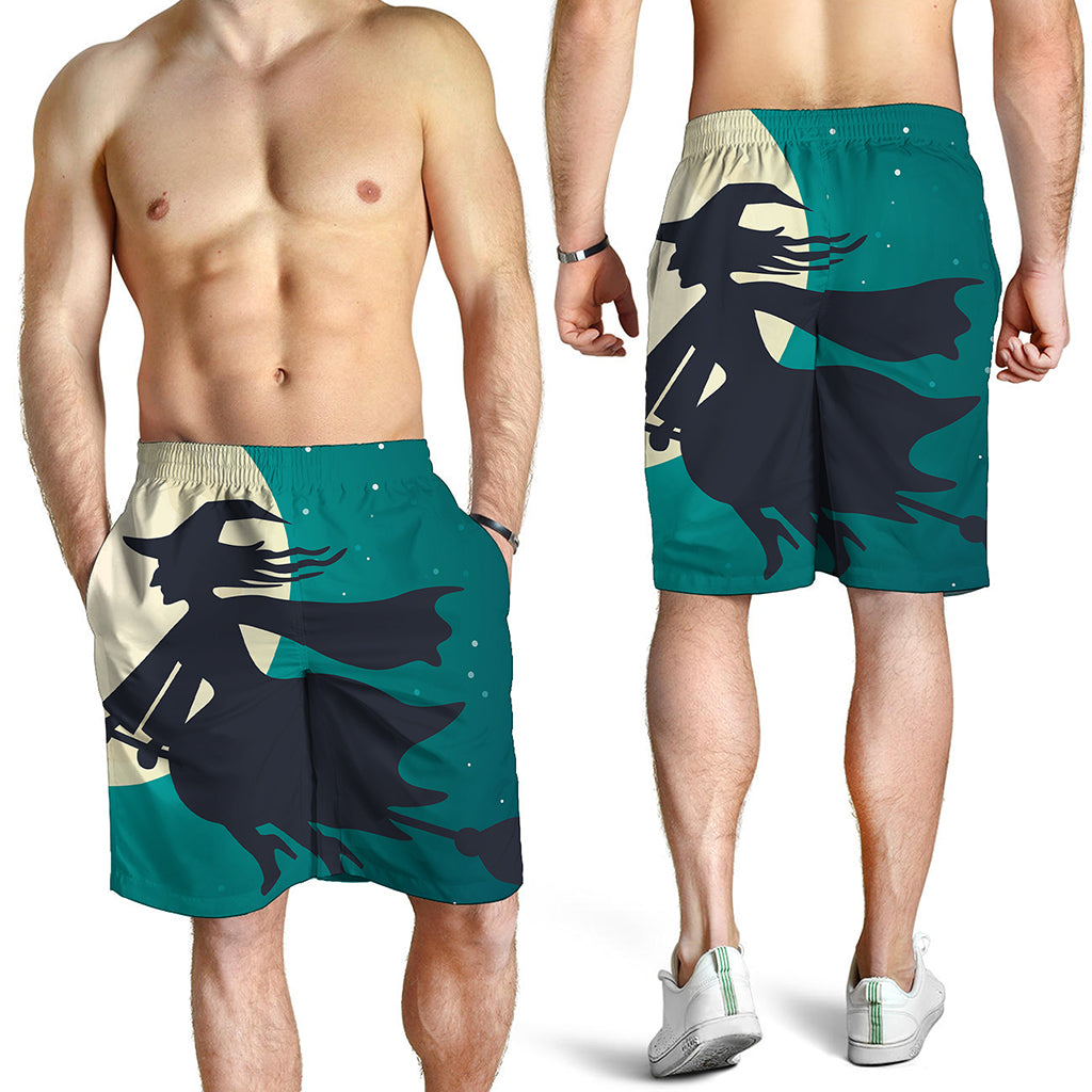 Full Moon Halloween Flying Witch Print Men's Shorts