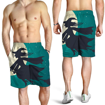 Full Moon Halloween Flying Witch Print Men's Shorts