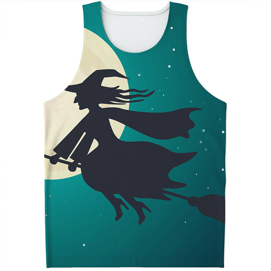 Full Moon Halloween Flying Witch Print Men's Tank Top