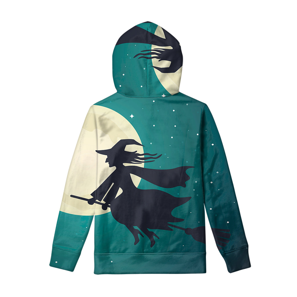 Full Moon Halloween Flying Witch Print Pullover Hoodie