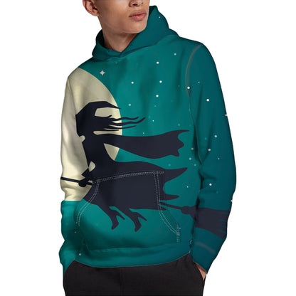 Full Moon Halloween Flying Witch Print Pullover Hoodie