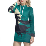 Full Moon Halloween Flying Witch Print Pullover Hoodie Dress