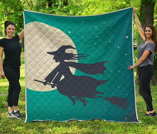 Full Moon Halloween Flying Witch Print Quilt
