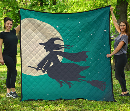 Full Moon Halloween Flying Witch Print Quilt