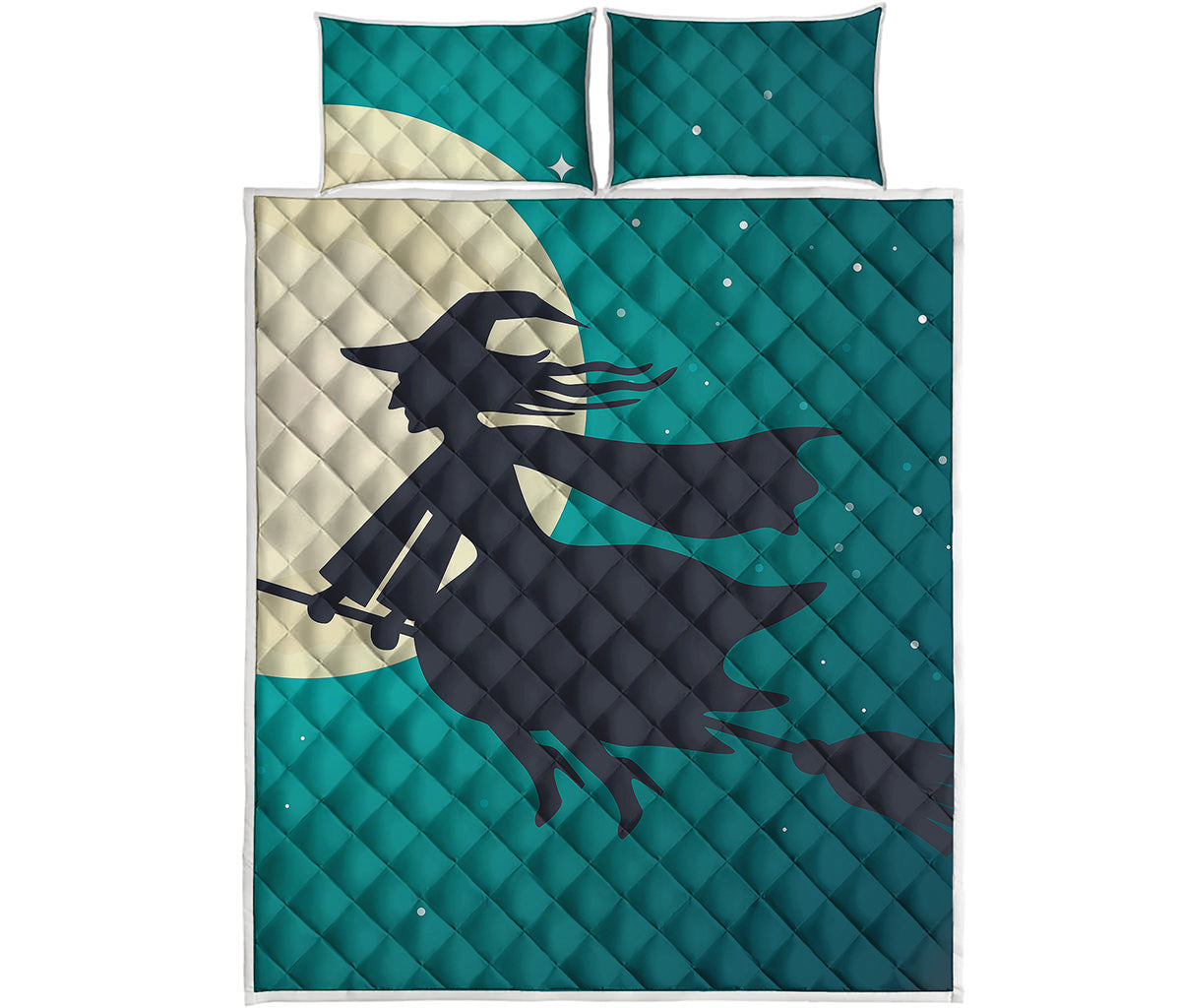 Full Moon Halloween Flying Witch Print Quilt Bed Set