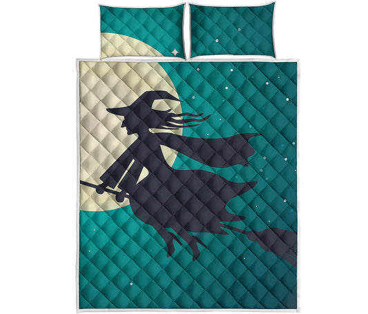 Full Moon Halloween Flying Witch Print Quilt Bed Set