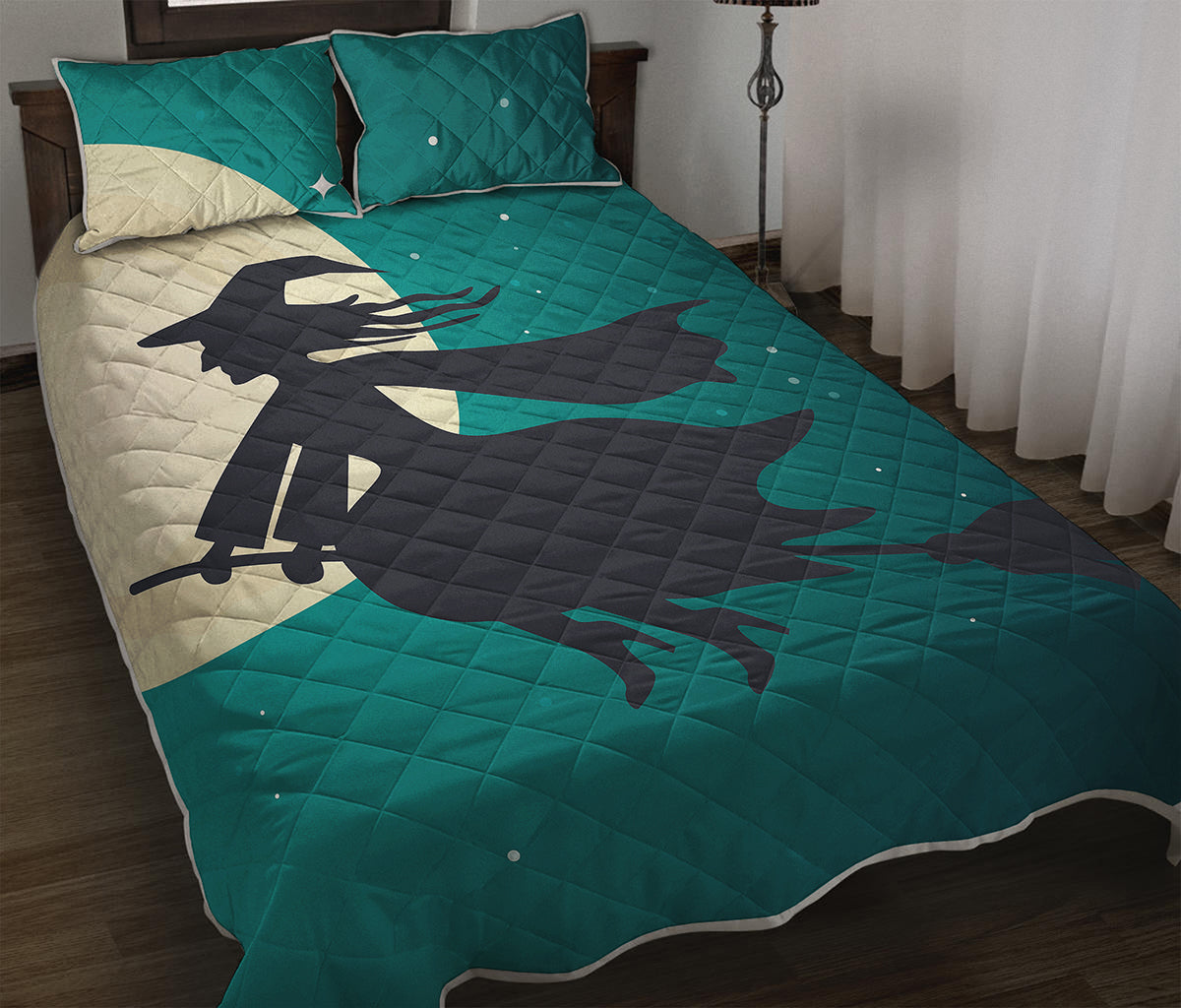 Full Moon Halloween Flying Witch Print Quilt Bed Set