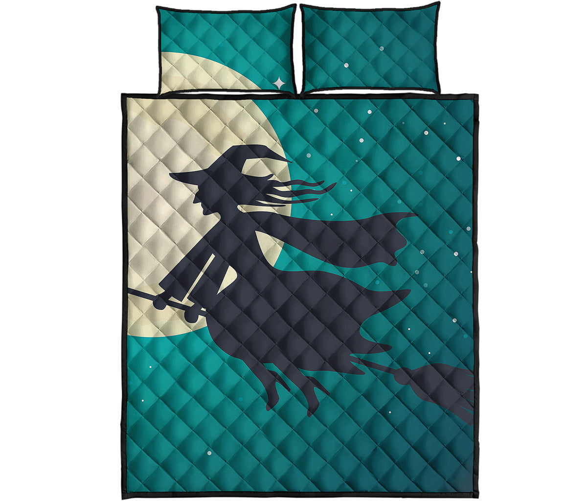Full Moon Halloween Flying Witch Print Quilt Bed Set