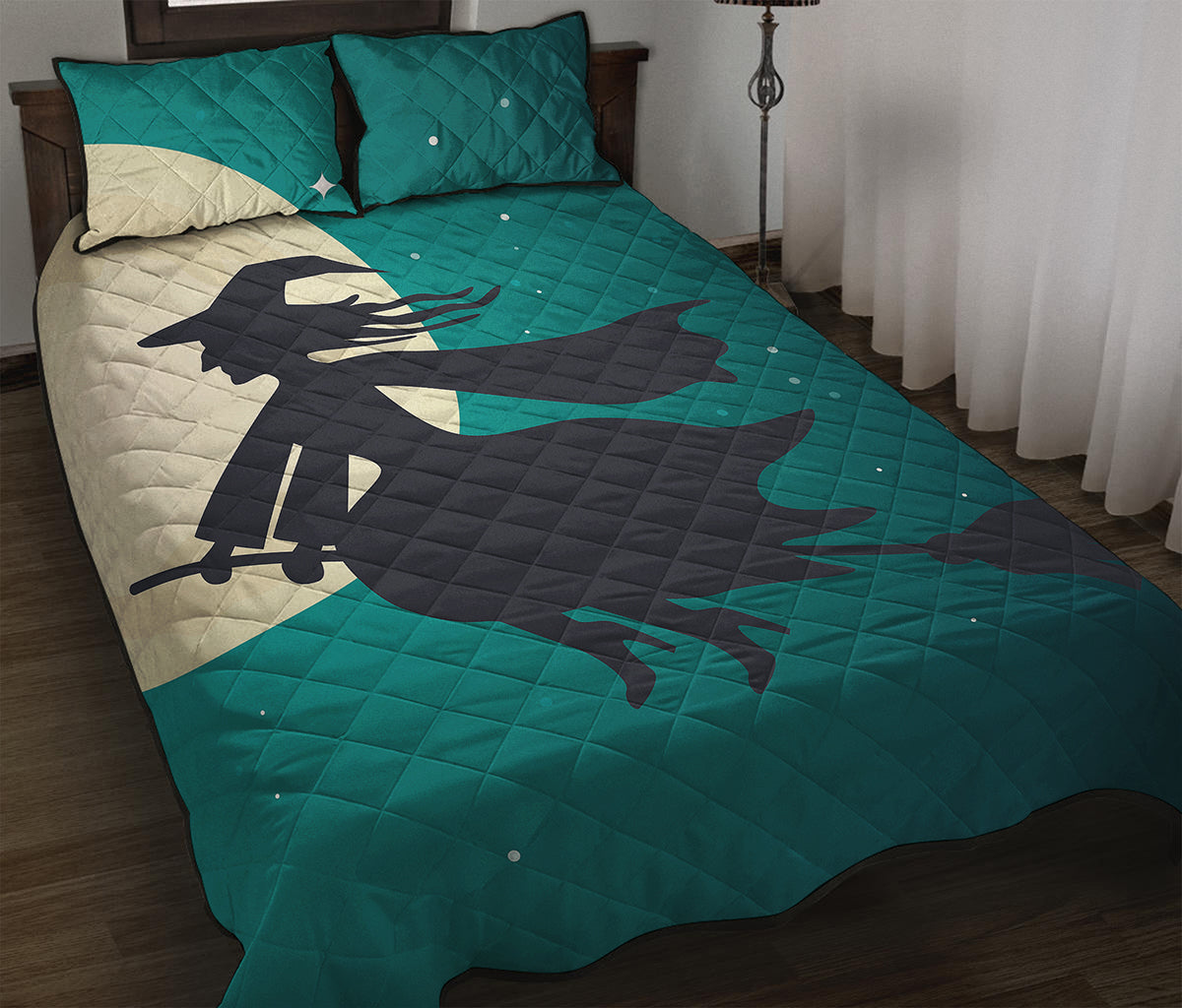 Full Moon Halloween Flying Witch Print Quilt Bed Set