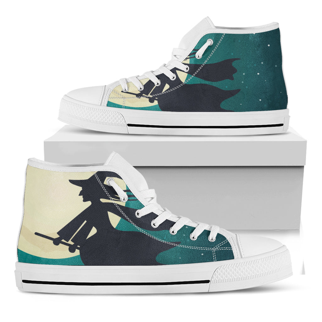 Full Moon Halloween Flying Witch Print White High Top Shoes