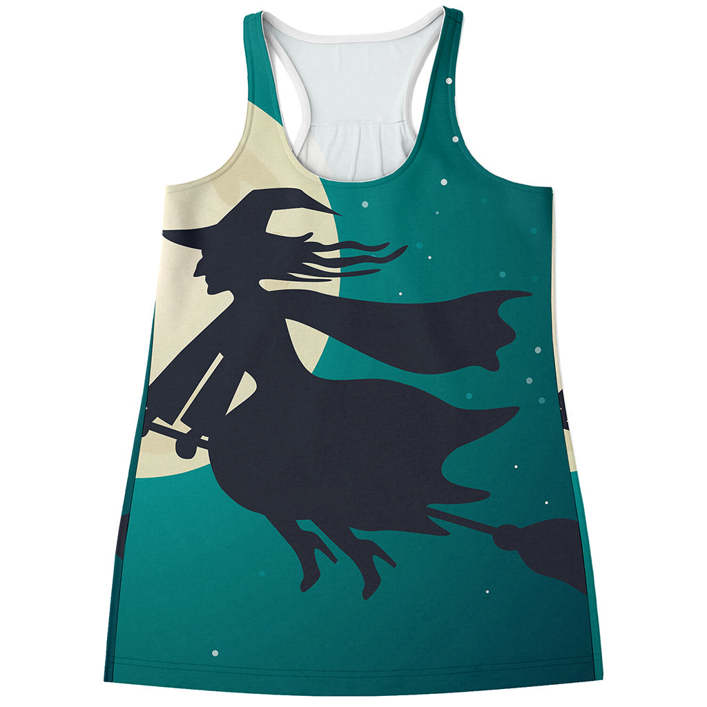 Full Moon Halloween Flying Witch Print Women's Racerback Tank Top