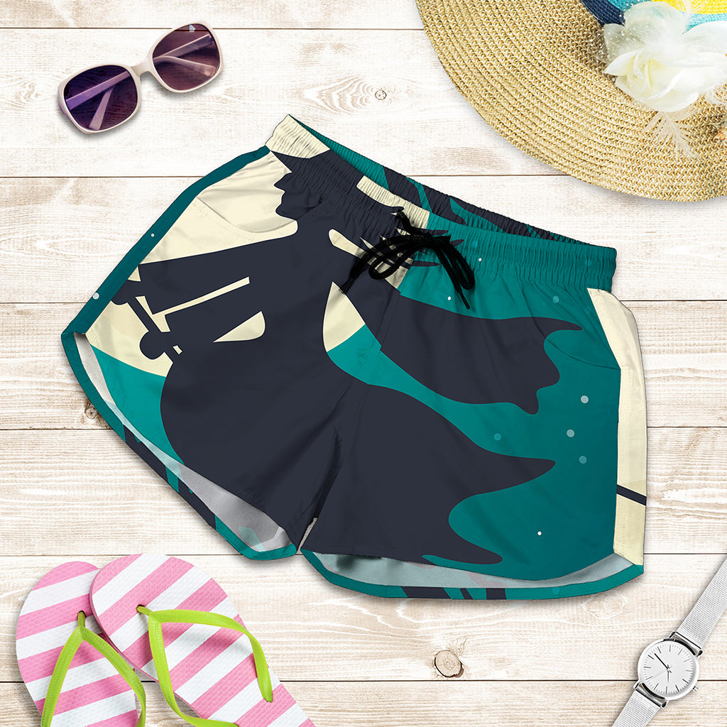 Full Moon Halloween Flying Witch Print Women's Shorts