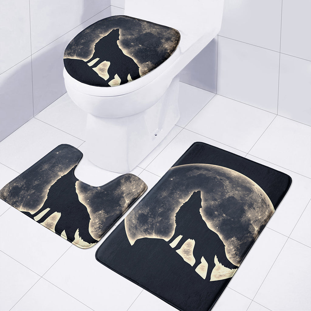 Full Moon Howling Wolf Print 3 Piece Bath Mat Set