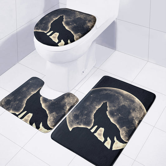 Full Moon Howling Wolf Print 3 Piece Bath Mat Set
