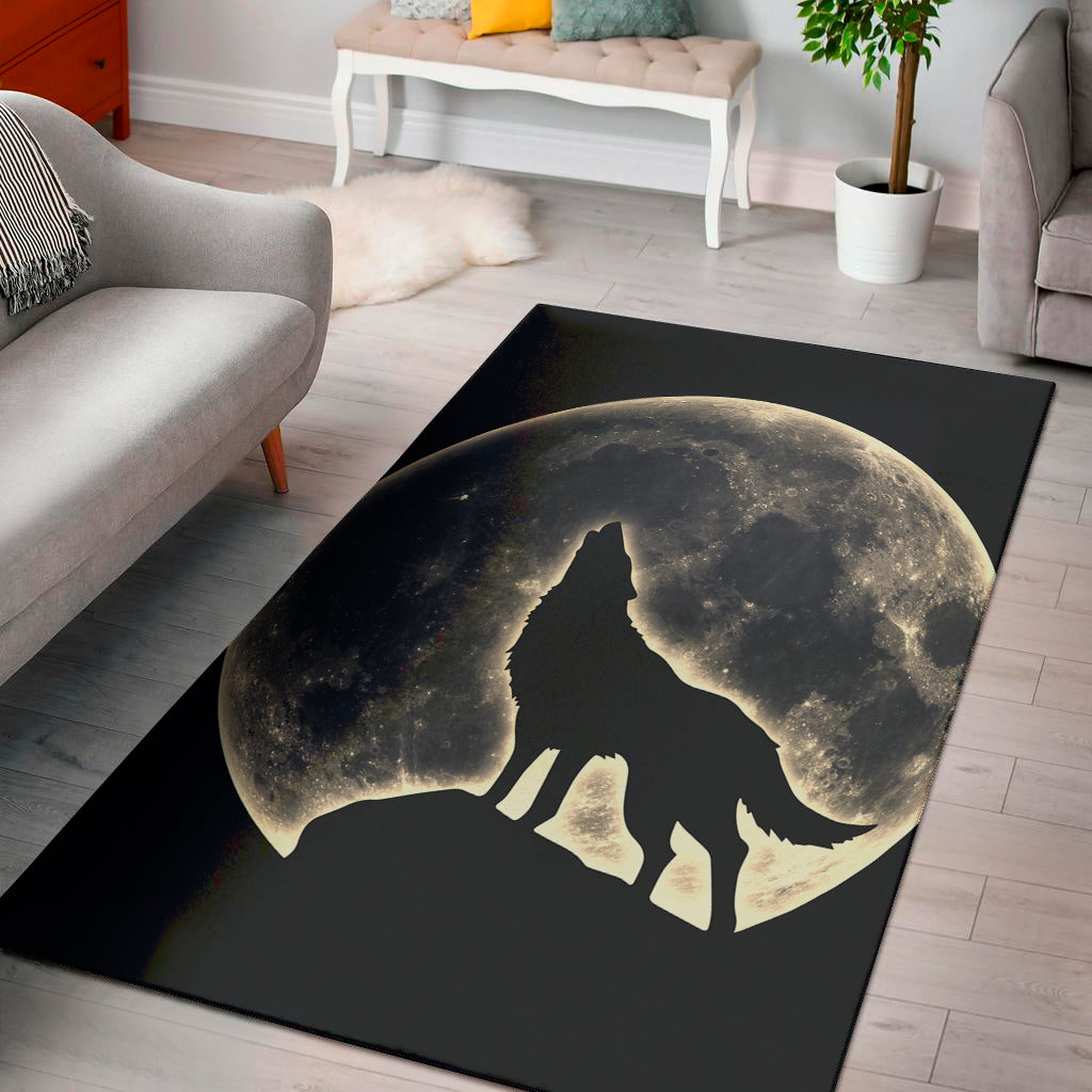 Full Moon Howling Wolf Print Area Rug