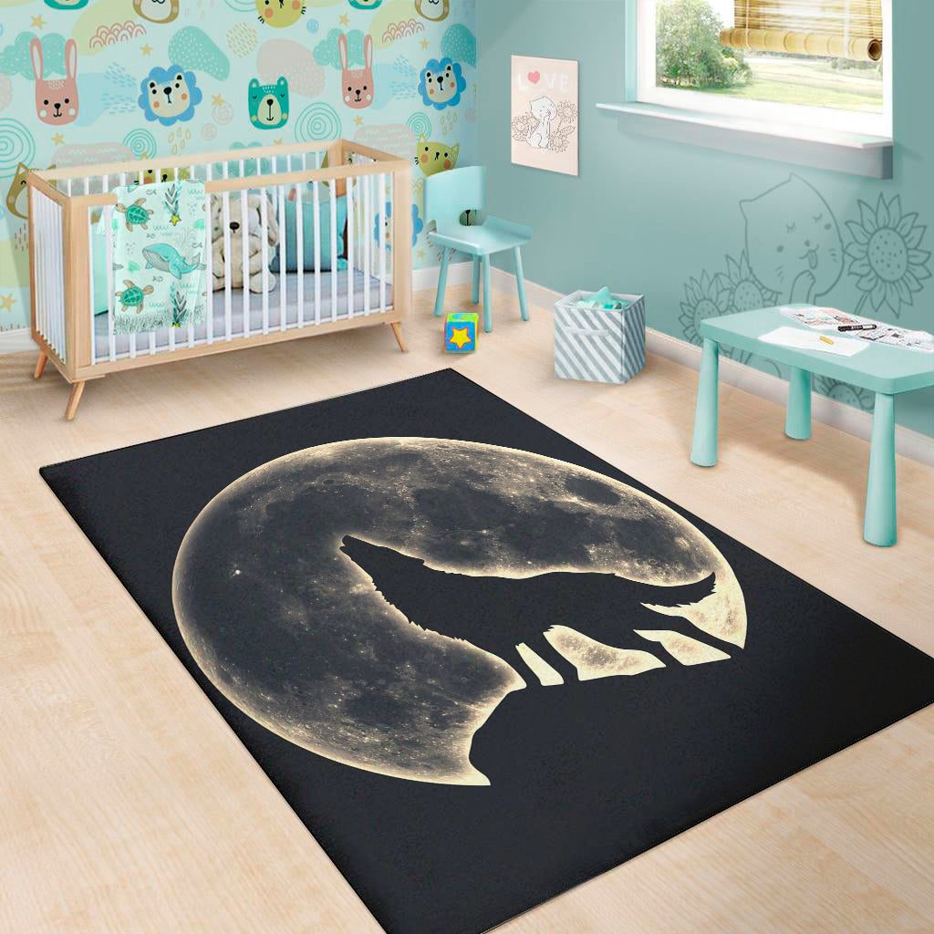 Full Moon Howling Wolf Print Area Rug