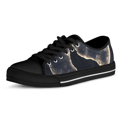 Full Moon Howling Wolf Print Black Low Top Shoes 