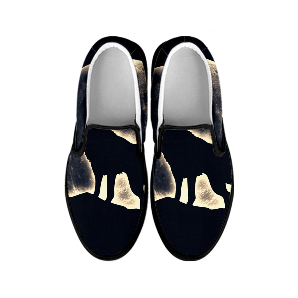 Full Moon Howling Wolf Print Black Slip On Shoes