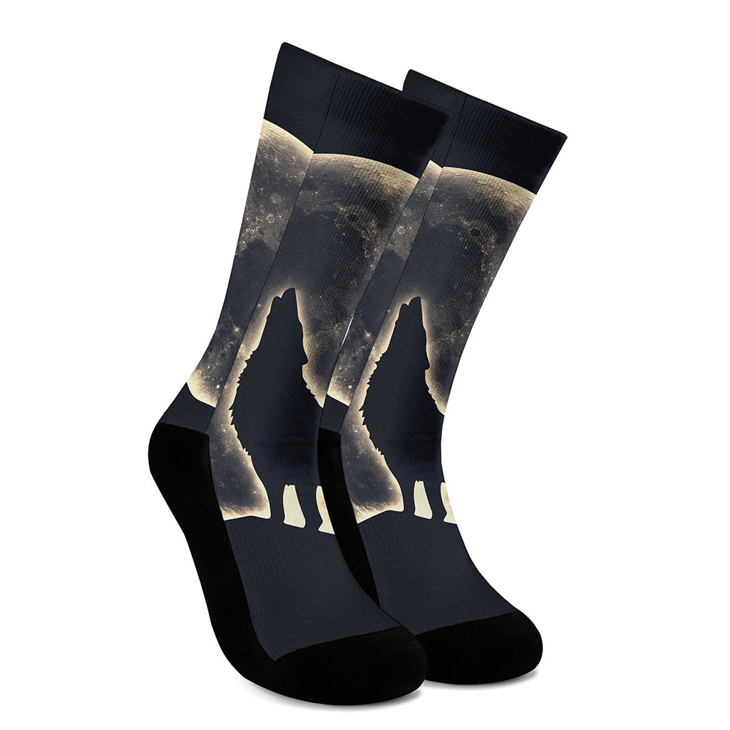 Full Moon Howling Wolf Print Crew Socks