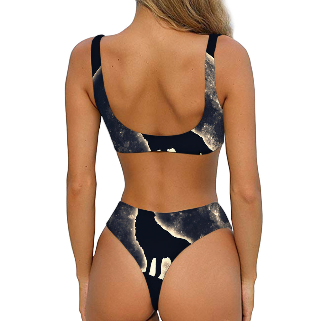 Full Moon Howling Wolf Print Front Bow Tie Bikini
