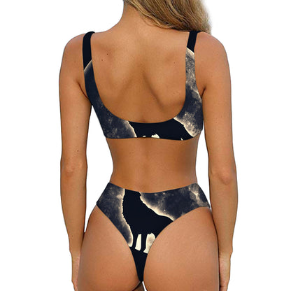 Full Moon Howling Wolf Print Front Bow Tie Bikini