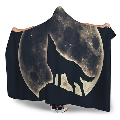 Full Moon Howling Wolf Print Hooded Blanket