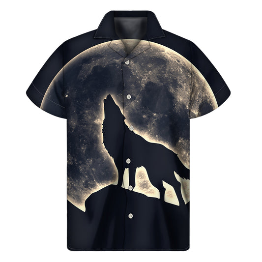 Full Moon Howling Wolf Print Men's Short Sleeve Shirt