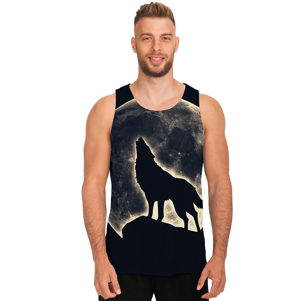 Full Moon Howling Wolf Print Men's Tank Top