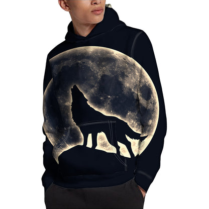 Full Moon Howling Wolf Print Pullover Hoodie