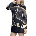 Full Moon Howling Wolf Print Pullover Hoodie Dress
