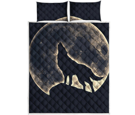 Full Moon Howling Wolf Print Quilt Bed Set