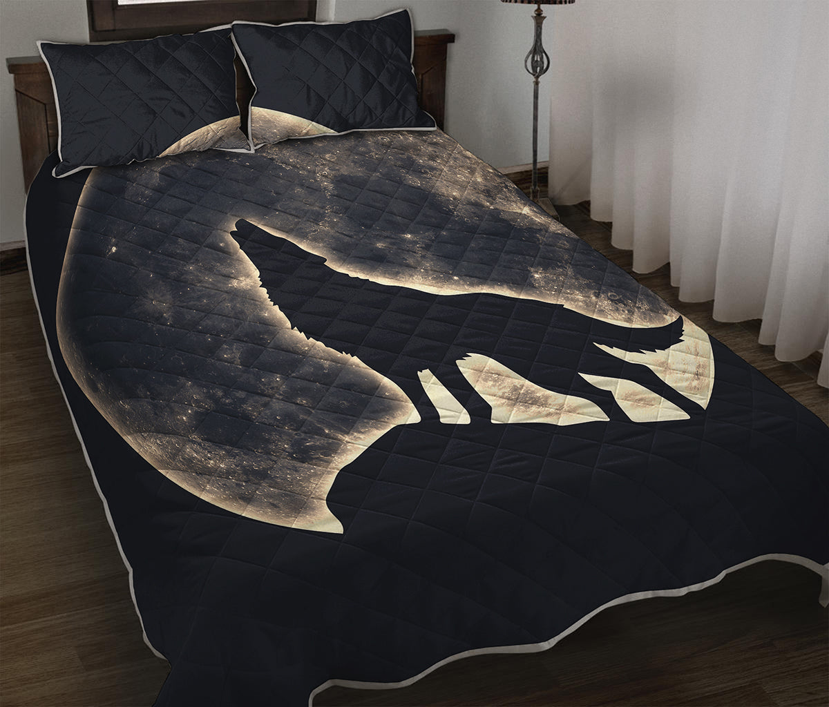 Full Moon Howling Wolf Print Quilt Bed Set