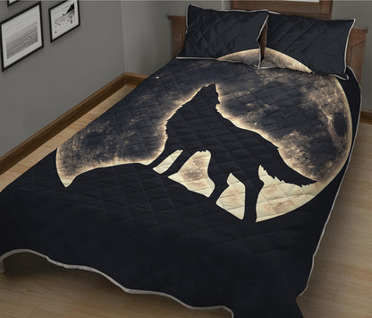 Full Moon Howling Wolf Print Quilt Bed Set
