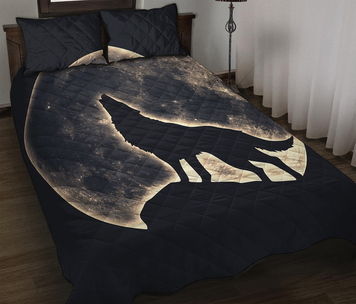 Full Moon Howling Wolf Print Quilt Bed Set