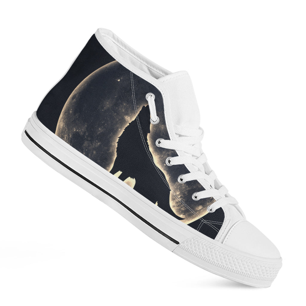 Full Moon Howling Wolf Print White High Top Shoes