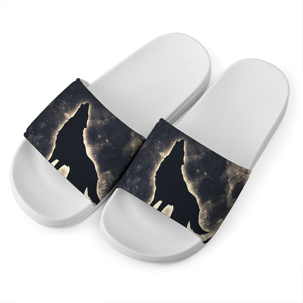 Full Moon Howling Wolf Print White Slide Sandals