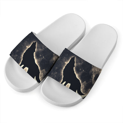 Full Moon Howling Wolf Print White Slide Sandals