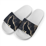 Full Moon Howling Wolf Print White Slide Sandals