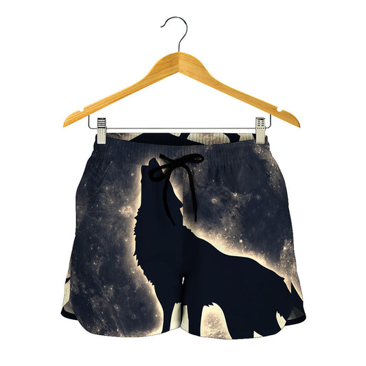 Full Moon Howling Wolf Print Women's Shorts