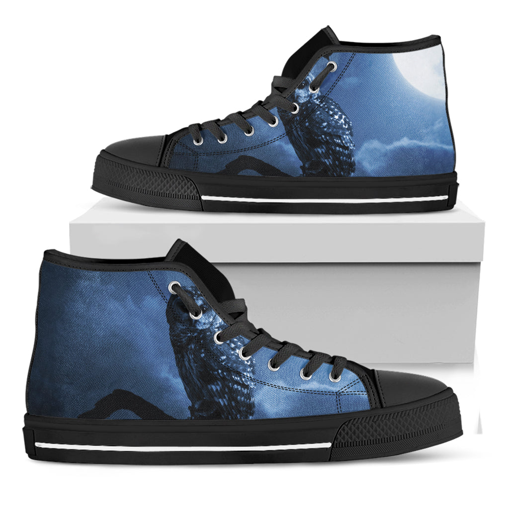 Full Moon Night Owl Print Black High Top Shoes