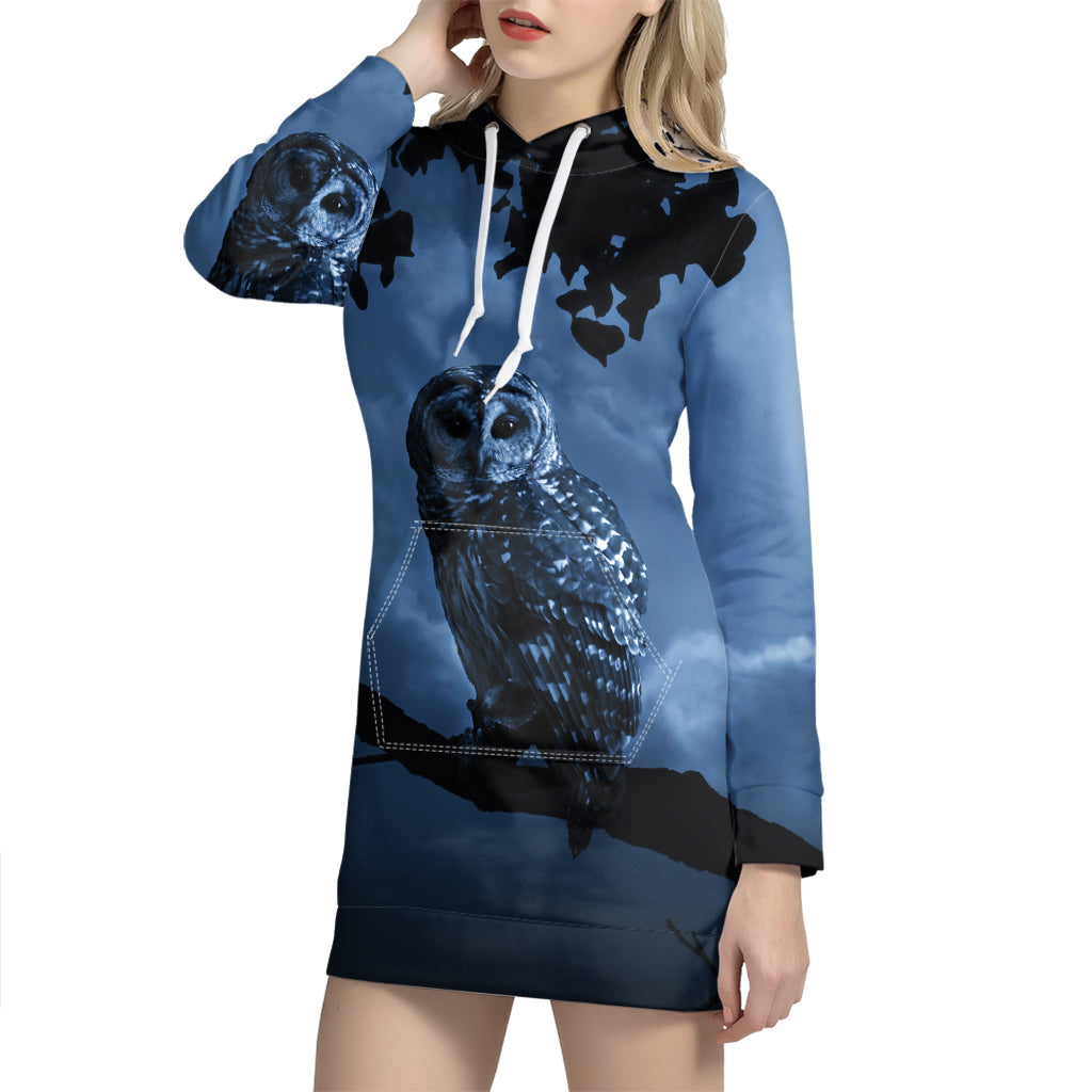 Full Moon Night Owl Print Hoodie Dress