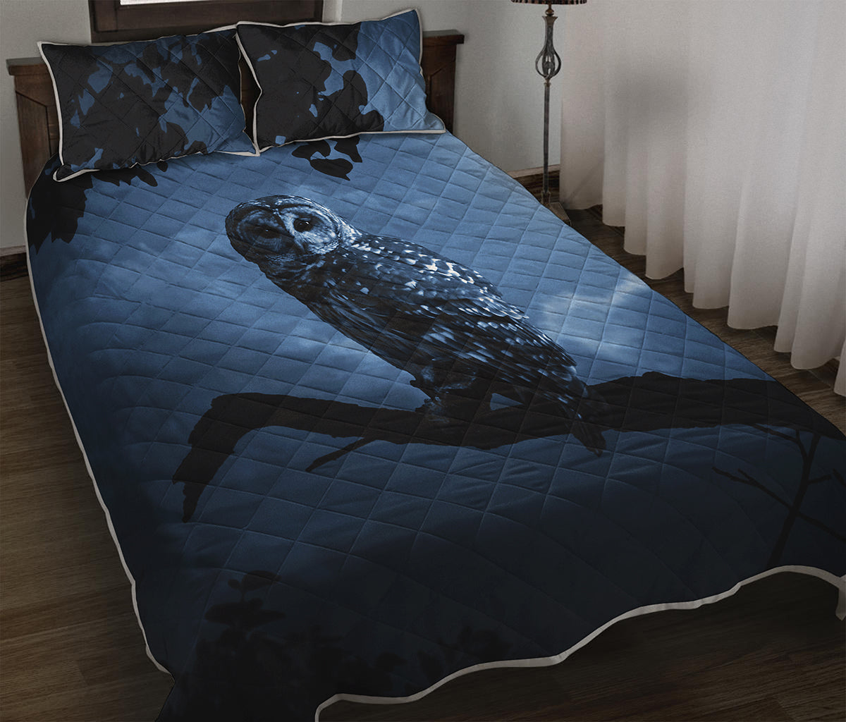 Full Moon Night Owl Print Quilt Bed Set