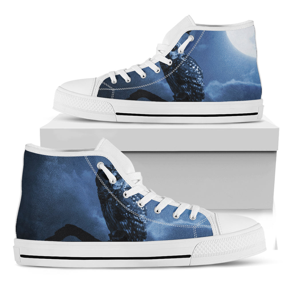 Full Moon Night Owl Print White High Top Shoes