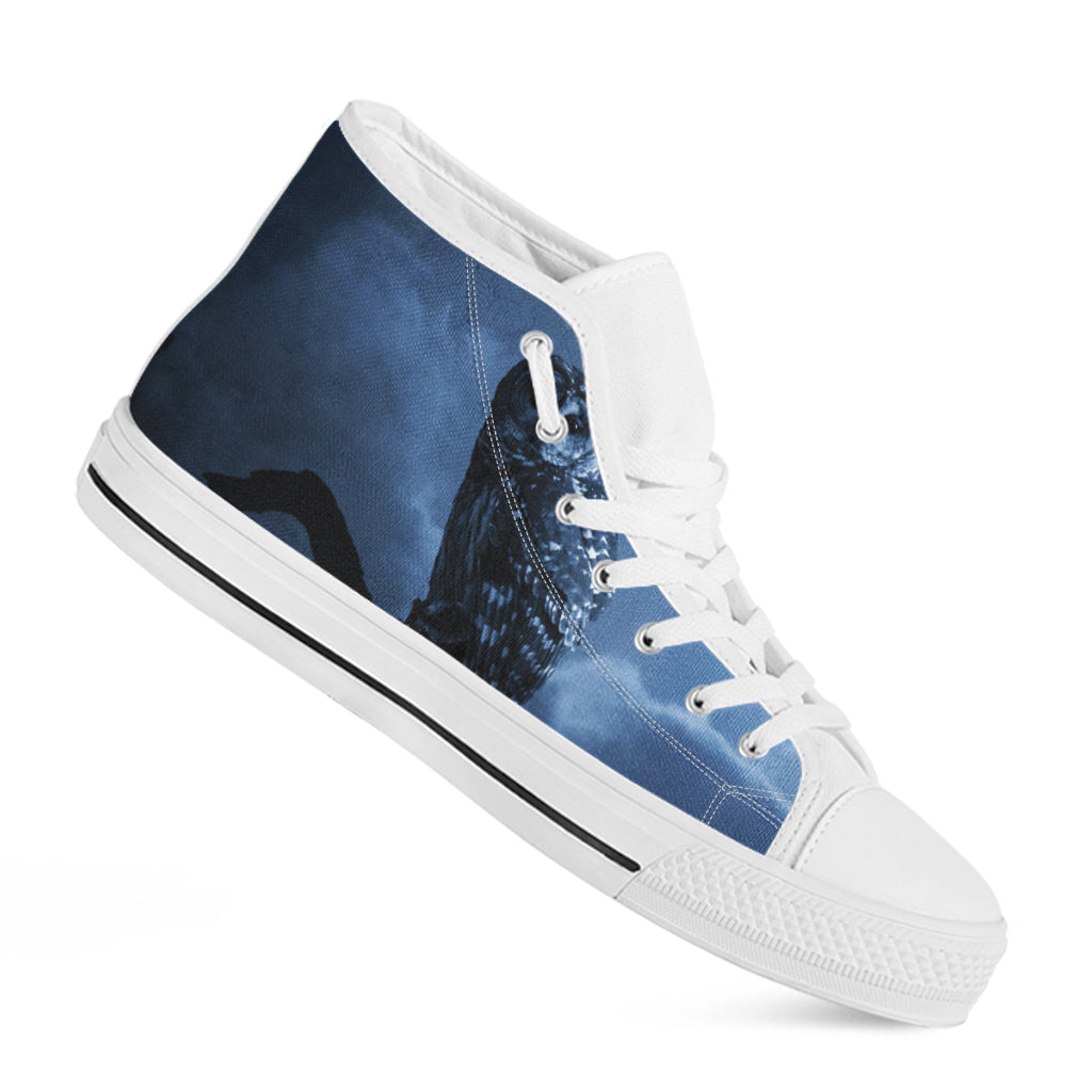 Full Moon Night Owl Print White High Top Shoes