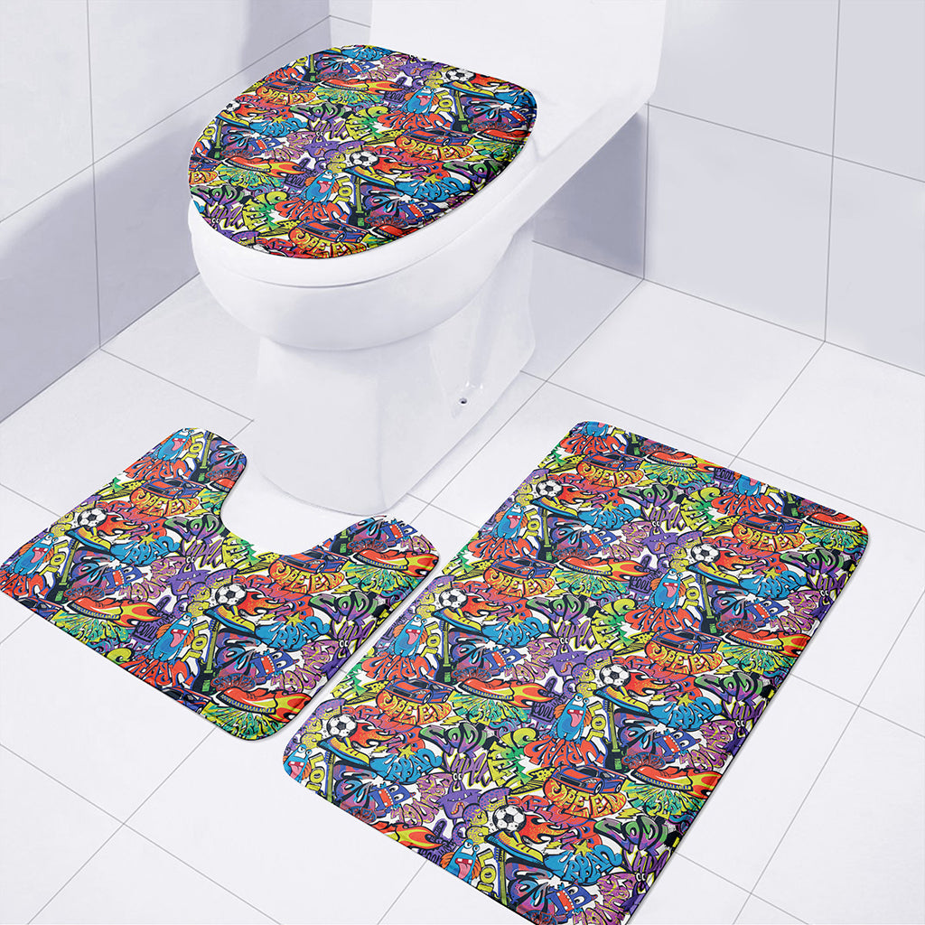 Funky Graffiti Pattern Print 3 Piece Bath Mat Set