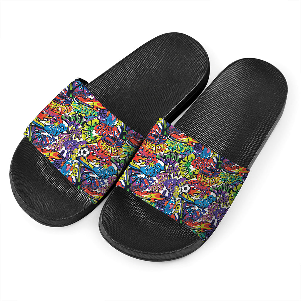 Funky Graffiti Pattern Print Black Slide Sandals