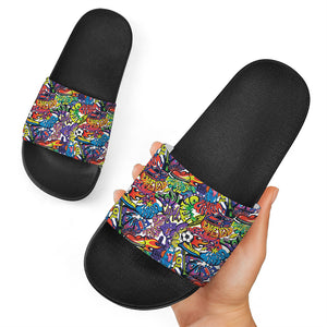 Funky Graffiti Pattern Print Black Slide Sandals